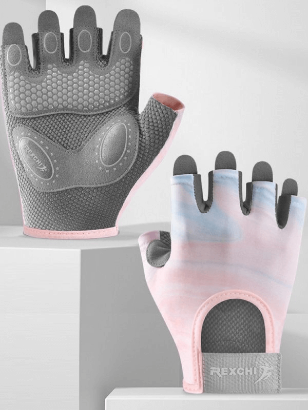 Stylish elastic women's fingerless gloves for training with pink and gray design, ideal for cycling comfort and durability.
